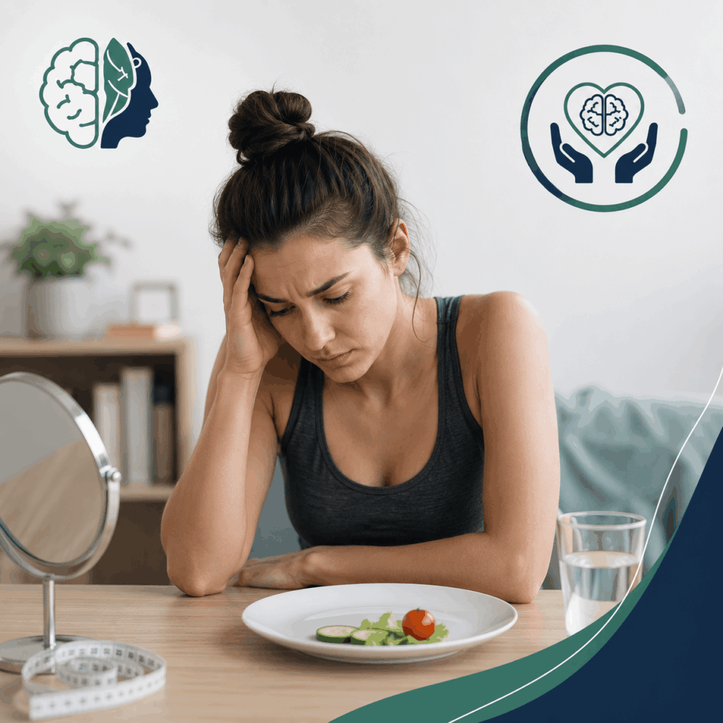 Woman sitting at a table with a small salad, head in hand, looking stressed or worried.